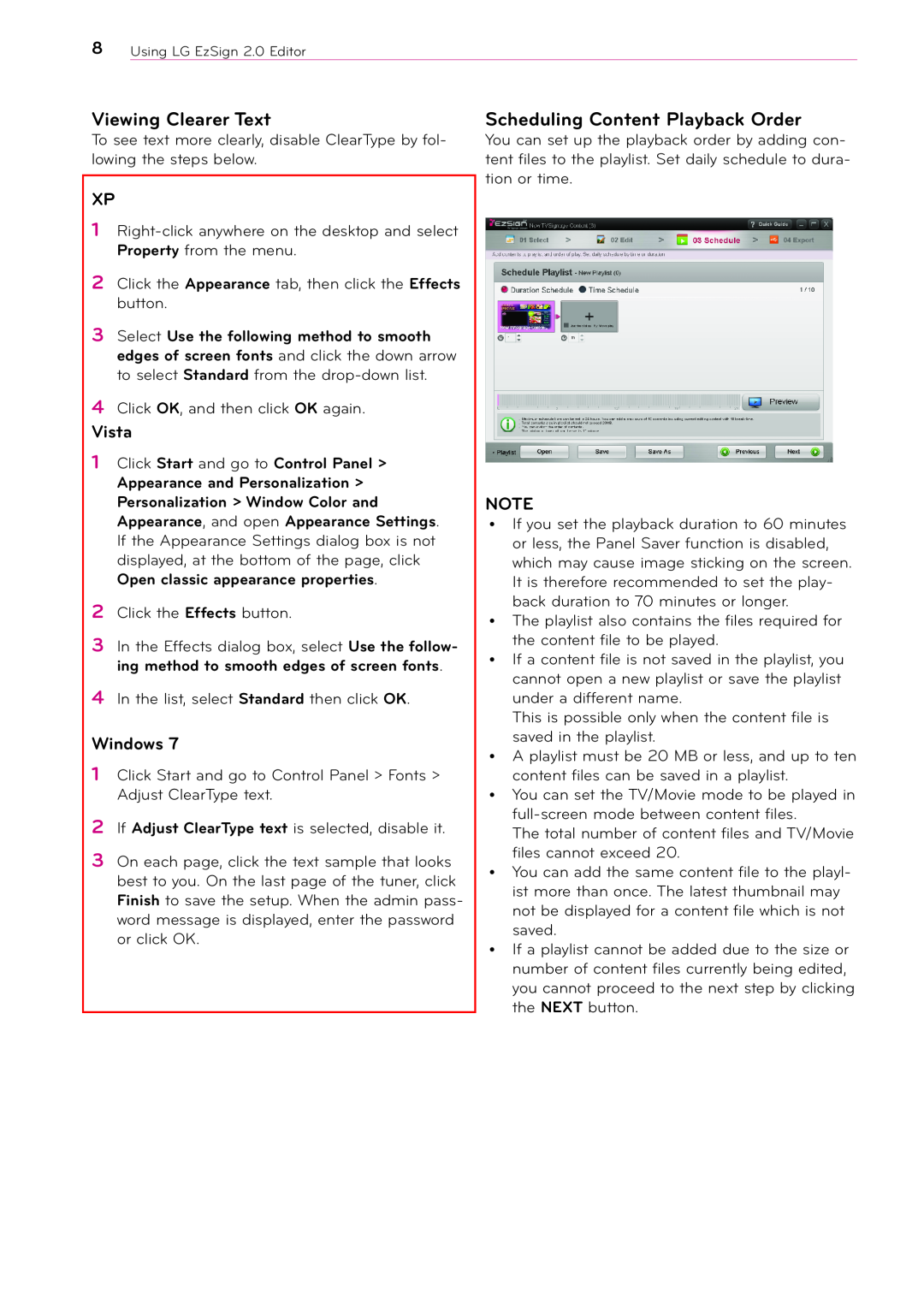 LG Electronics 2 manual Viewing Clearer Text, Scheduling Content Playback Order, Vista, Windows 
