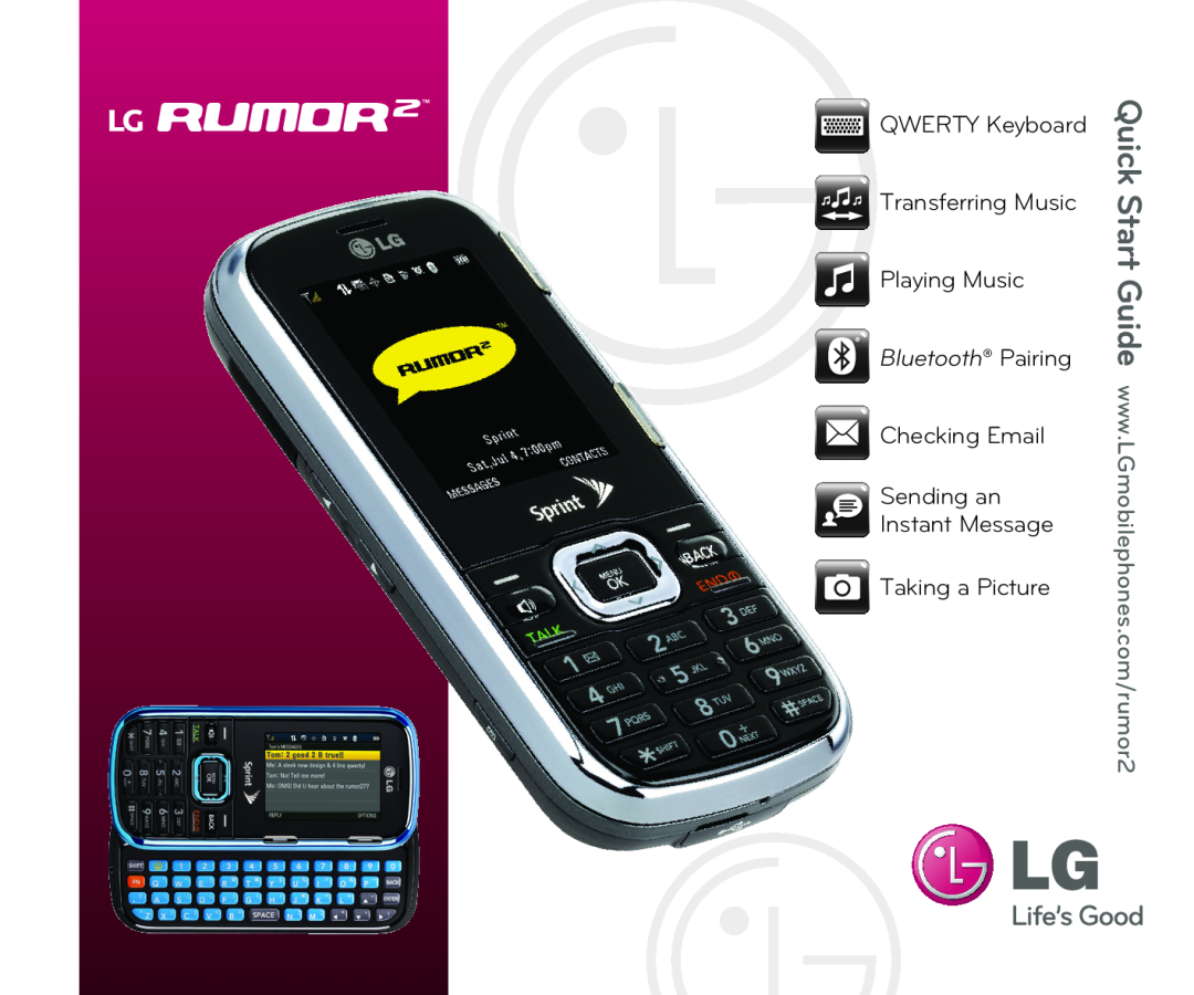 LG Electronics 2 quick start QWERTY Keyboard Transferring Music Playing Music, Bluetooth Pairing, Taking a Picture 