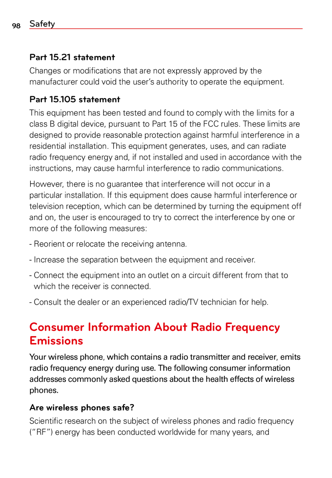 LG Electronics manual Consumer Information About Radio Frequency Emissions, Part 15.21 statement, Part 15.105 statement 