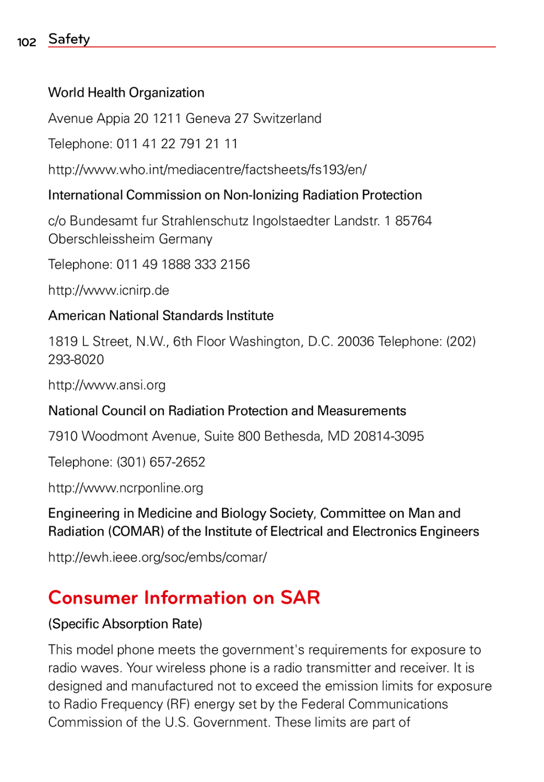 LG Electronics 2 manual Consumer Information on SAR, Http//ewh.ieee.org/soc/embs/comar, Speciﬁc Absorption Rate 