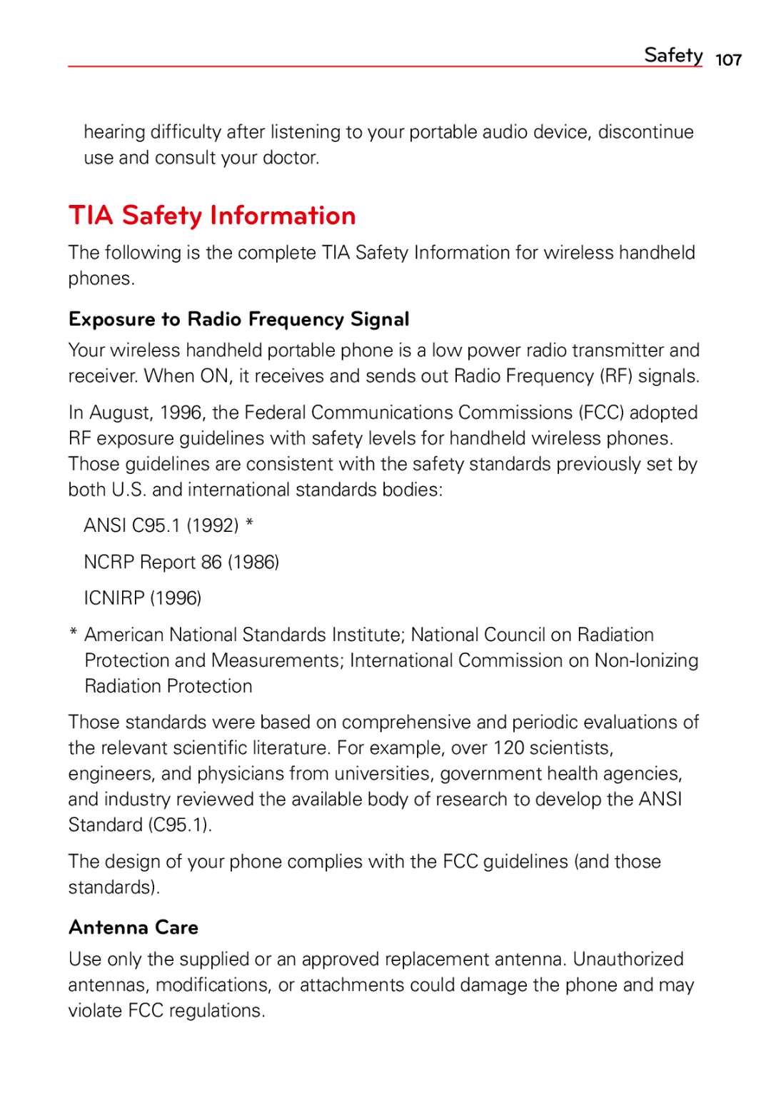 LG Electronics 2 manual TIA Safety Information, Exposure to Radio Frequency Signal, Antenna Care 