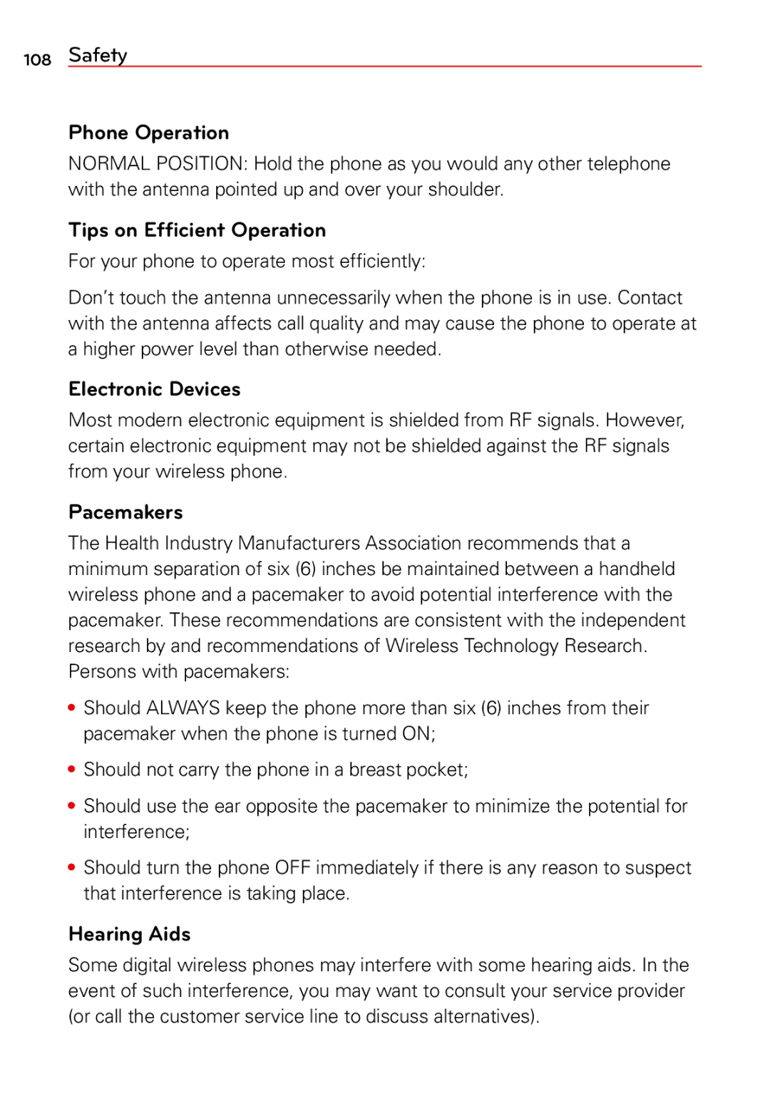 LG Electronics 2 manual Phone Operation, Tips on Efﬁcient Operation, Electronic Devices, Pacemakers, Hearing Aids 
