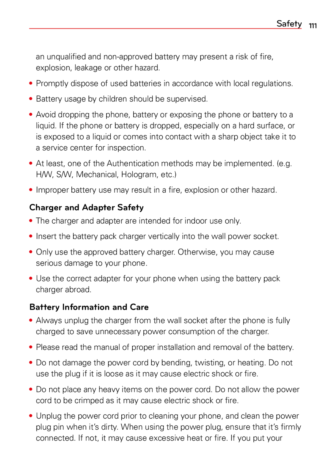 LG Electronics 2 manual Charger and Adapter Safety, Battery Information and Care 