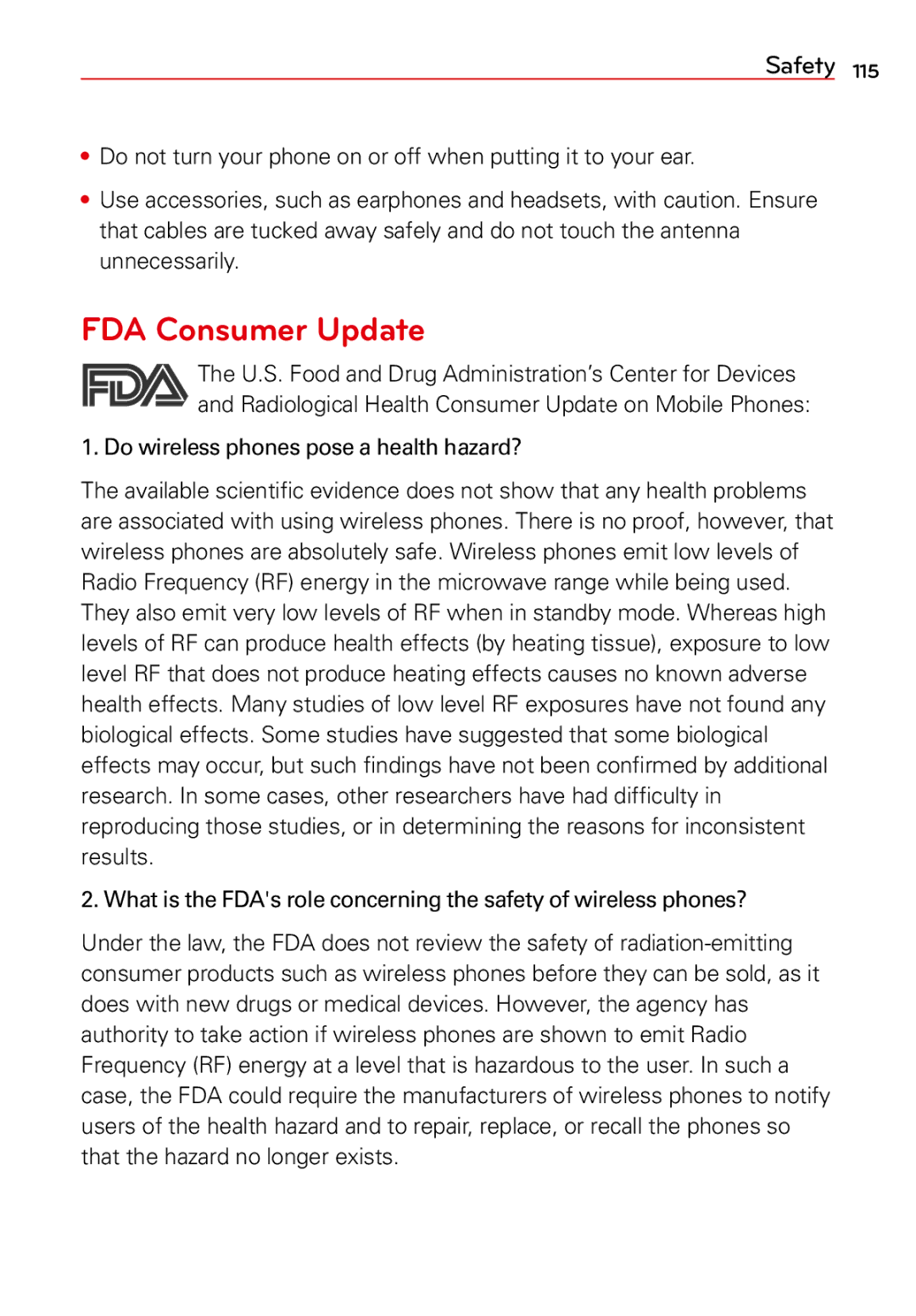 LG Electronics 2 manual FDA Consumer Update, Do wireless phones pose a health hazard? 