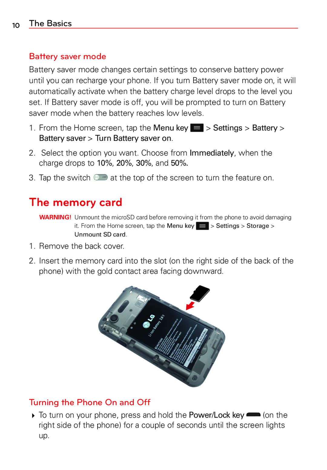 LG Electronics 2 manual Memory card, Battery saver mode, Turning the Phone On and Off 