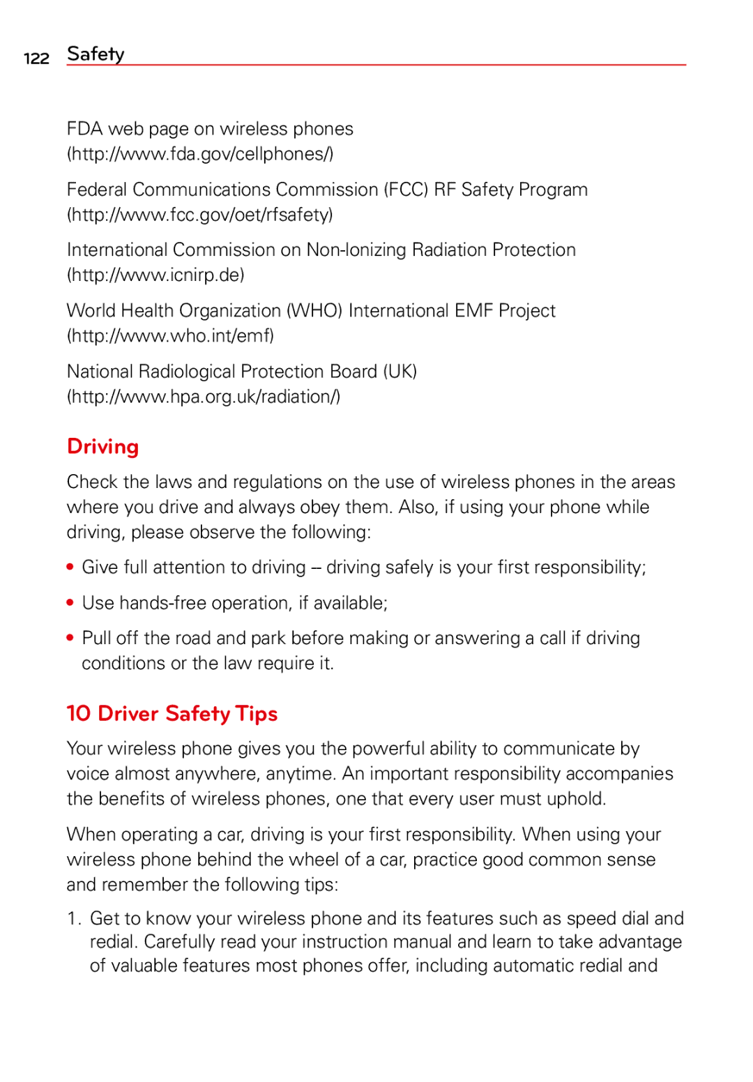 LG Electronics 2 manual Driving, Driver Safety Tips 