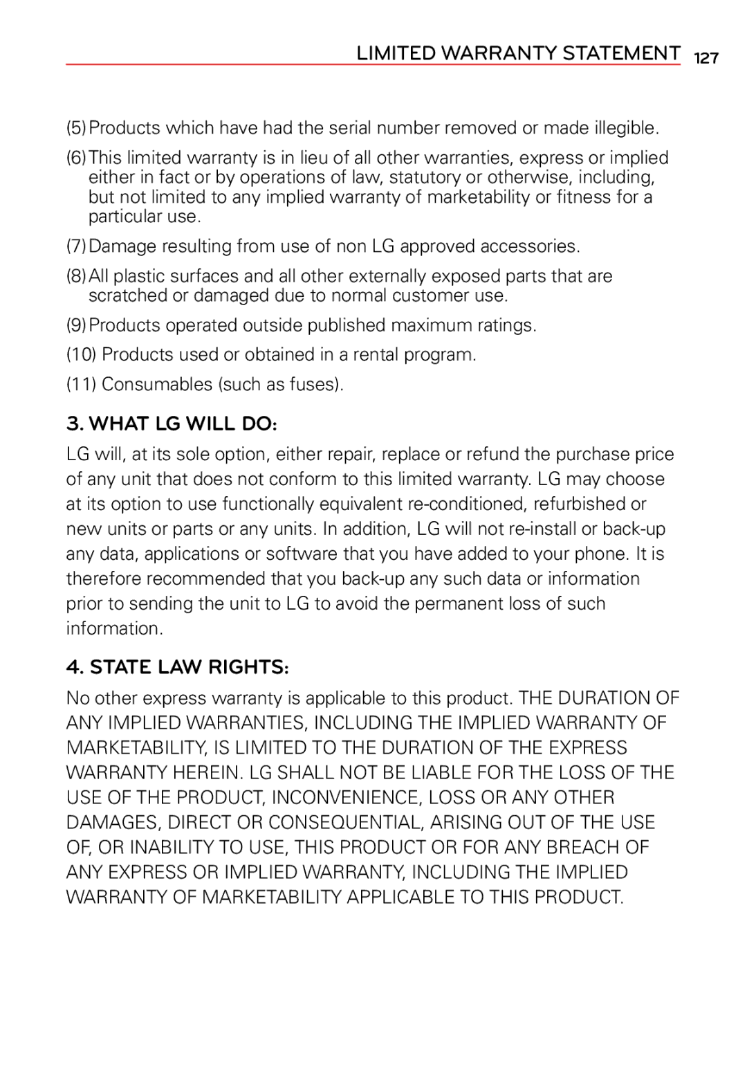 LG Electronics 2 manual What LG will do, State LAW Rights 