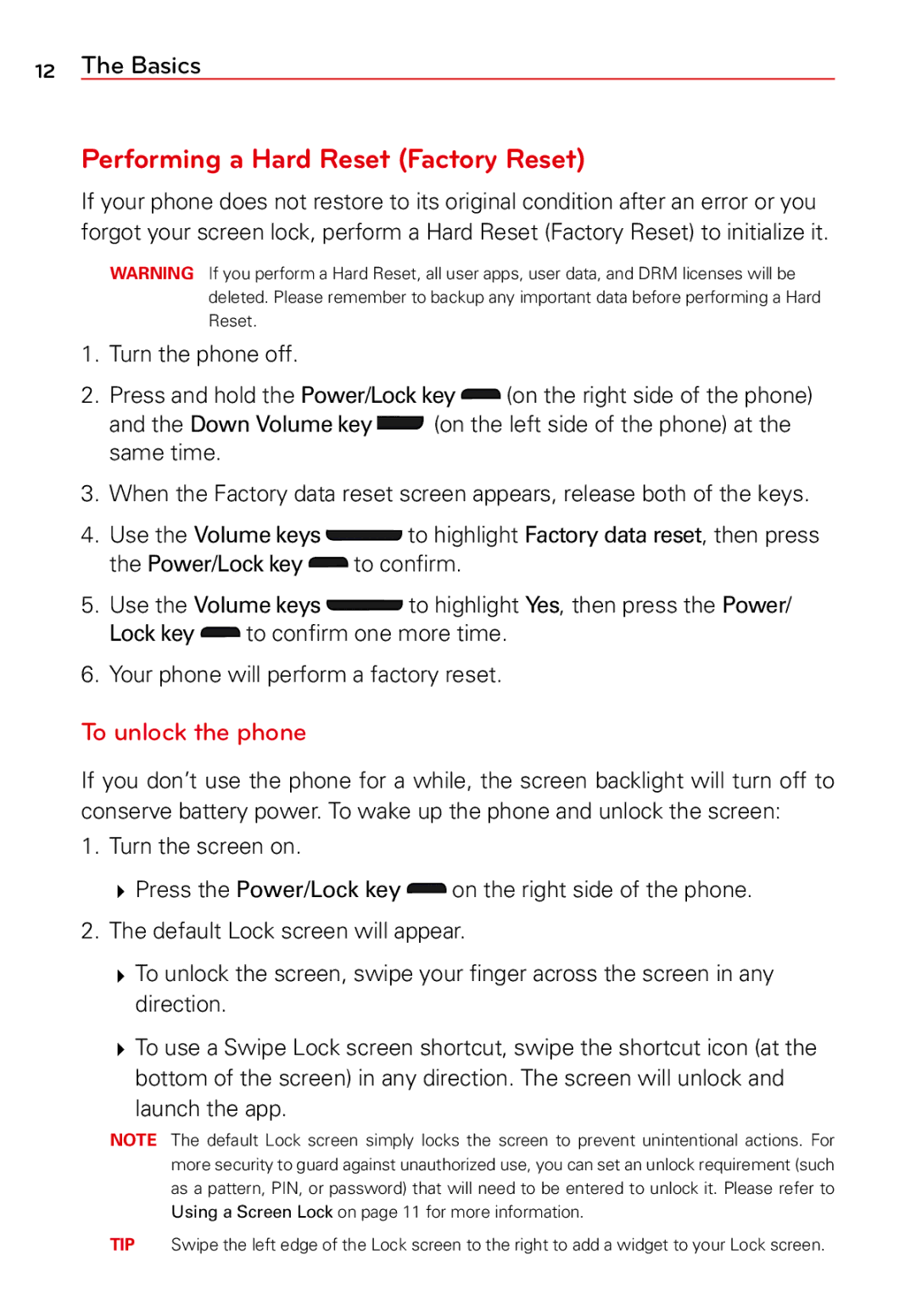 LG Electronics 2 manual Performing a Hard Reset Factory Reset, To unlock the phone 