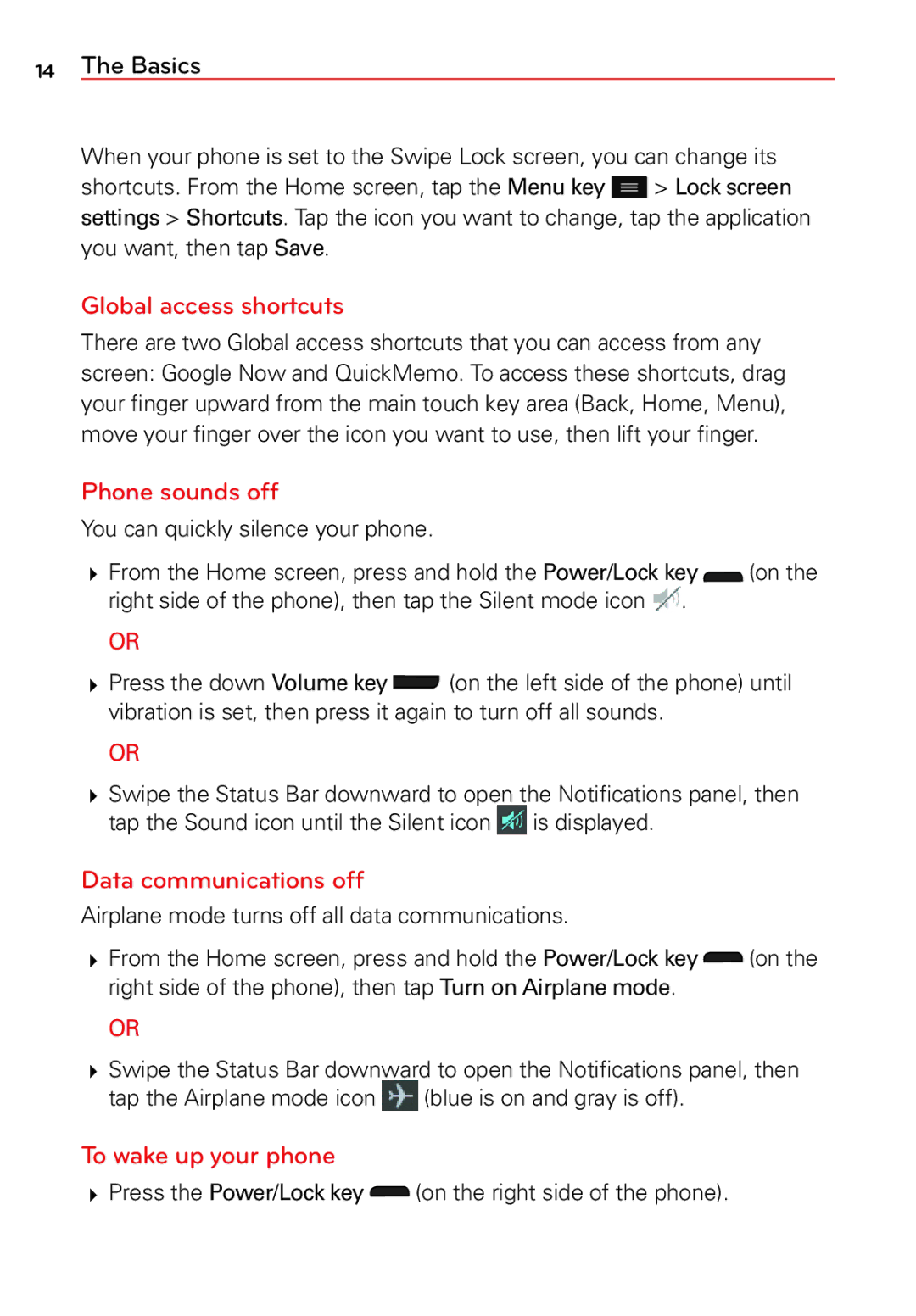 LG Electronics 2 manual Global access shortcuts, Phone sounds off, Data communications off, To wake up your phone 