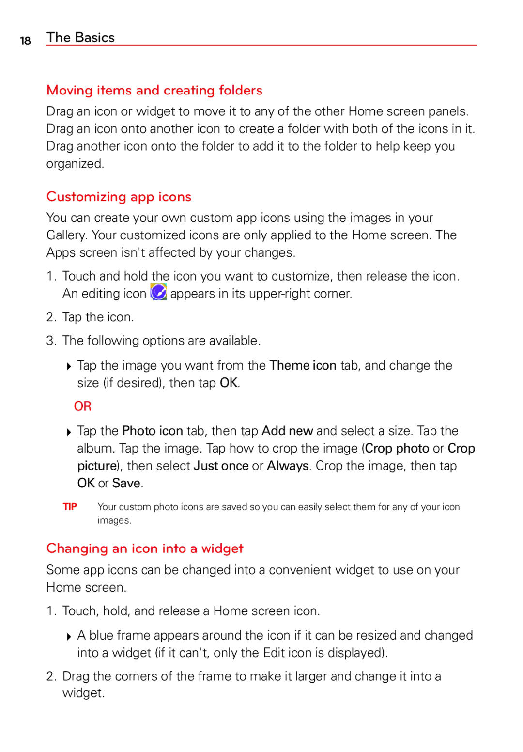 LG Electronics 2 manual Moving items and creating folders, Customizing app icons, Changing an icon into a widget 