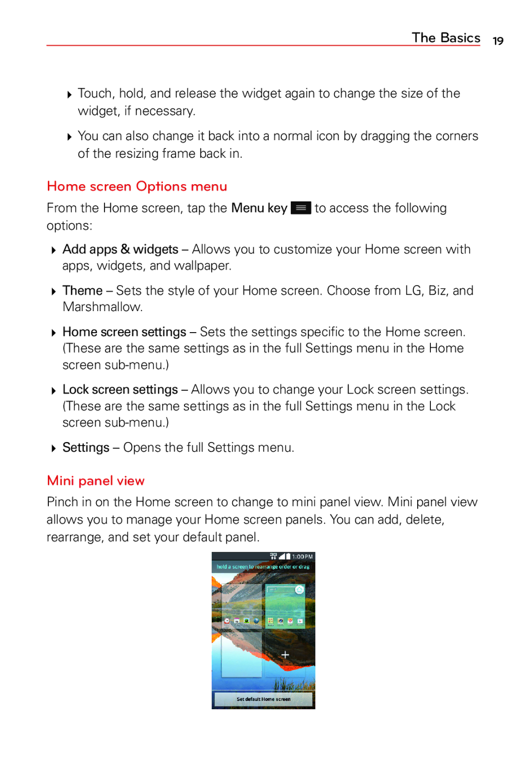LG Electronics 2 manual Home screen Options menu, Mini panel view 