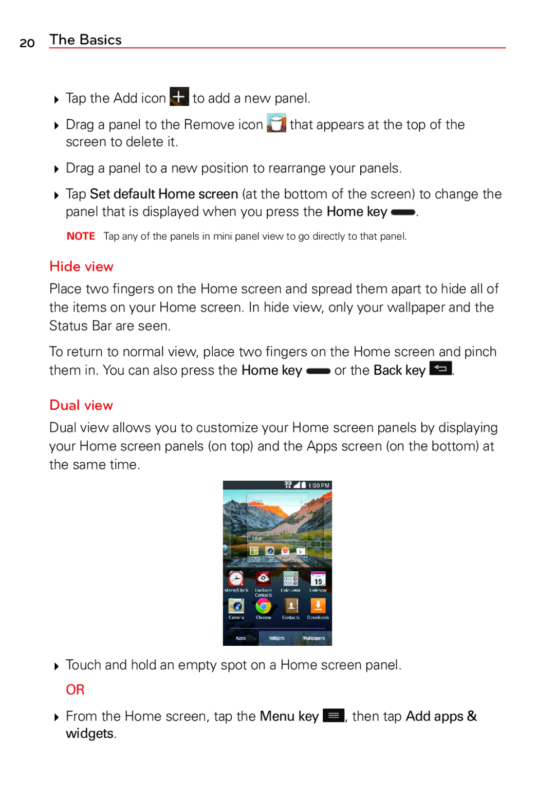 LG Electronics 2 manual Hide view, Dual view, Panel that is displayed when you press the Home key 