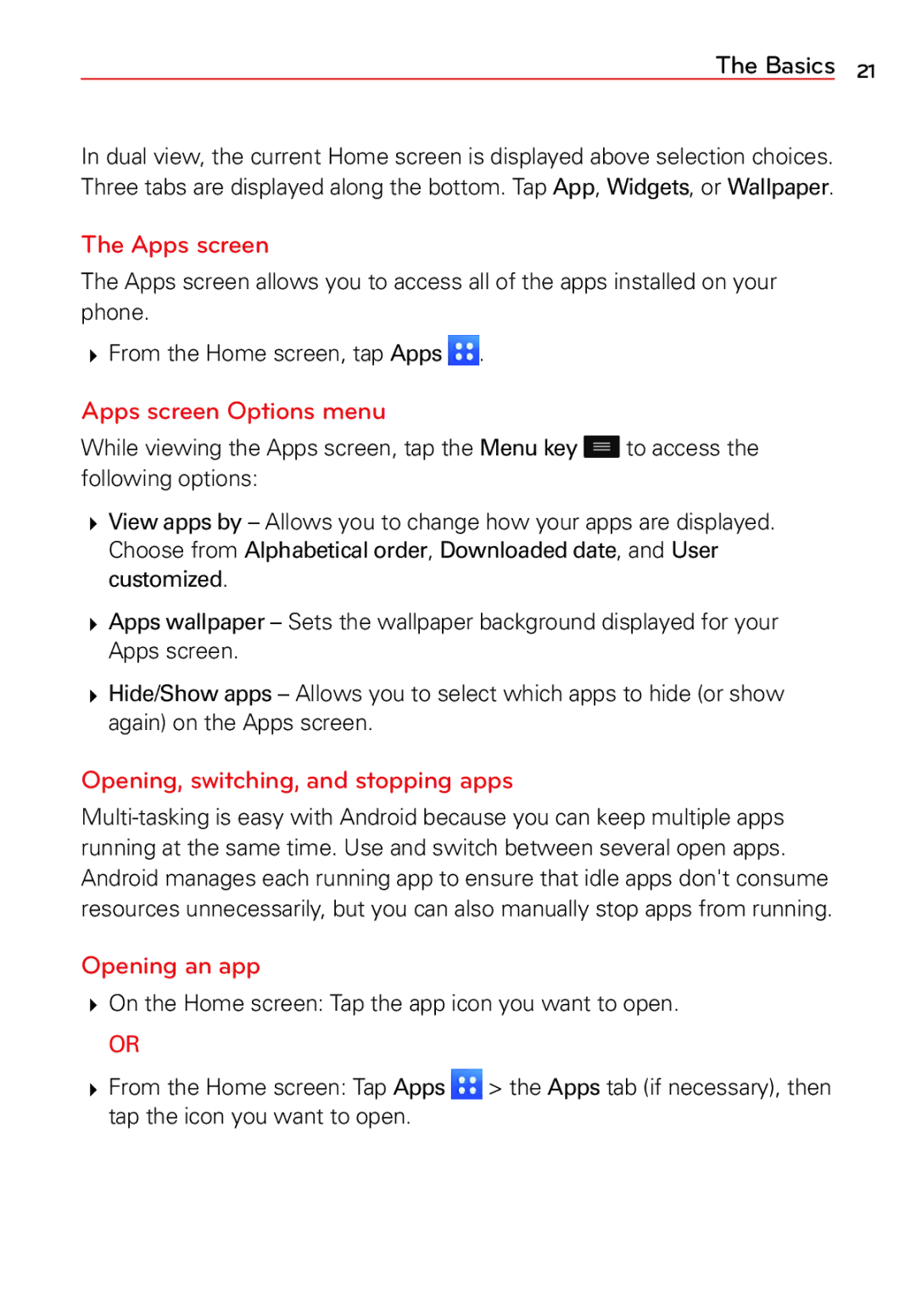 LG Electronics 2 manual Apps screen Options menu, Opening, switching, and stopping apps, Opening an app 