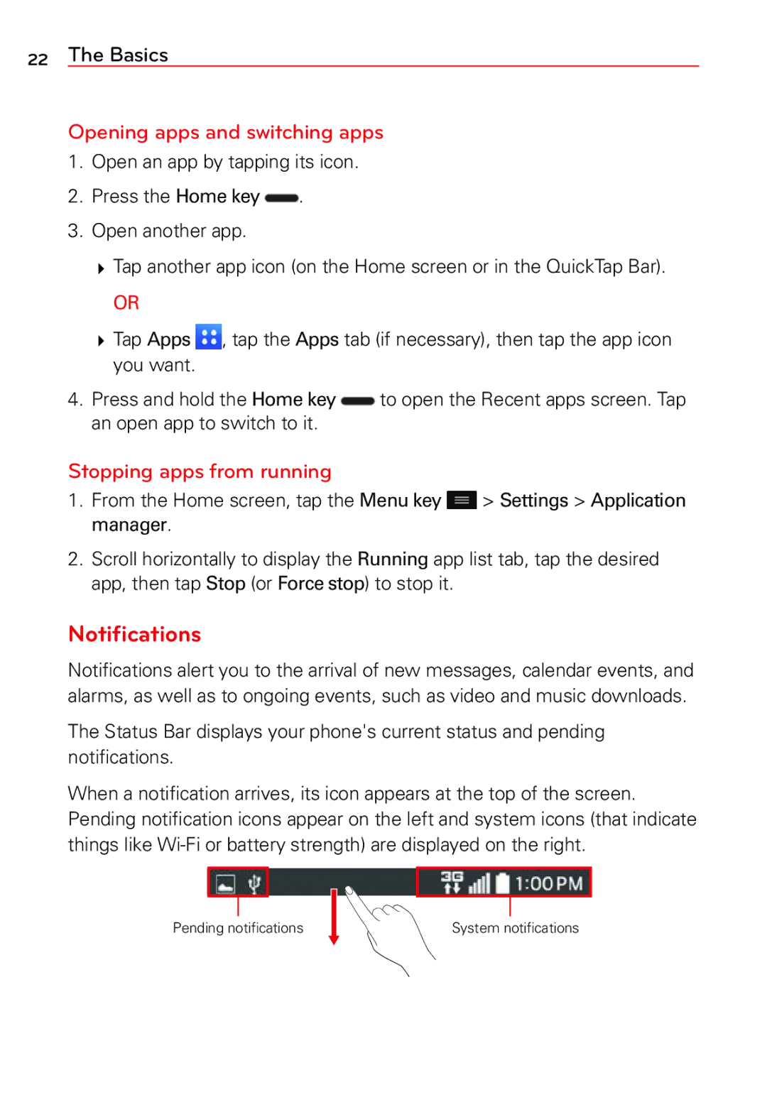 LG Electronics 2 manual Notiﬁcations, Opening apps and switching apps, Stopping apps from running 