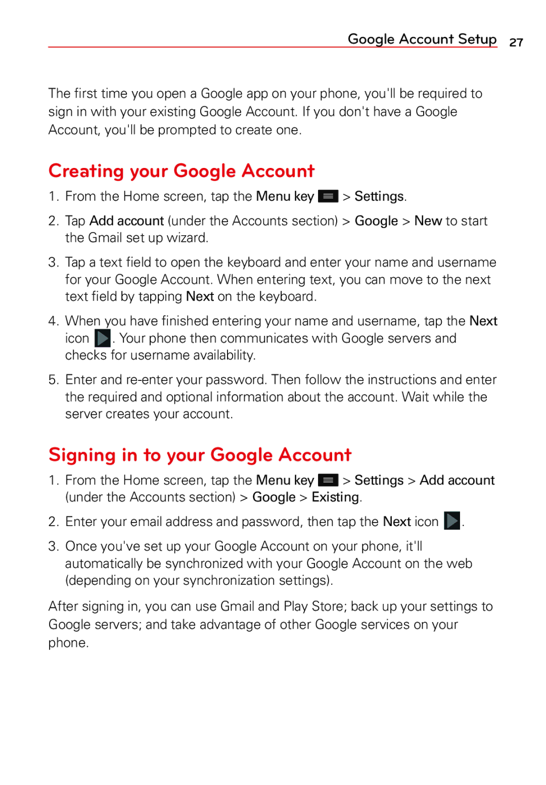 LG Electronics 2 manual Creating your Google Account, Signing in to your Google Account 