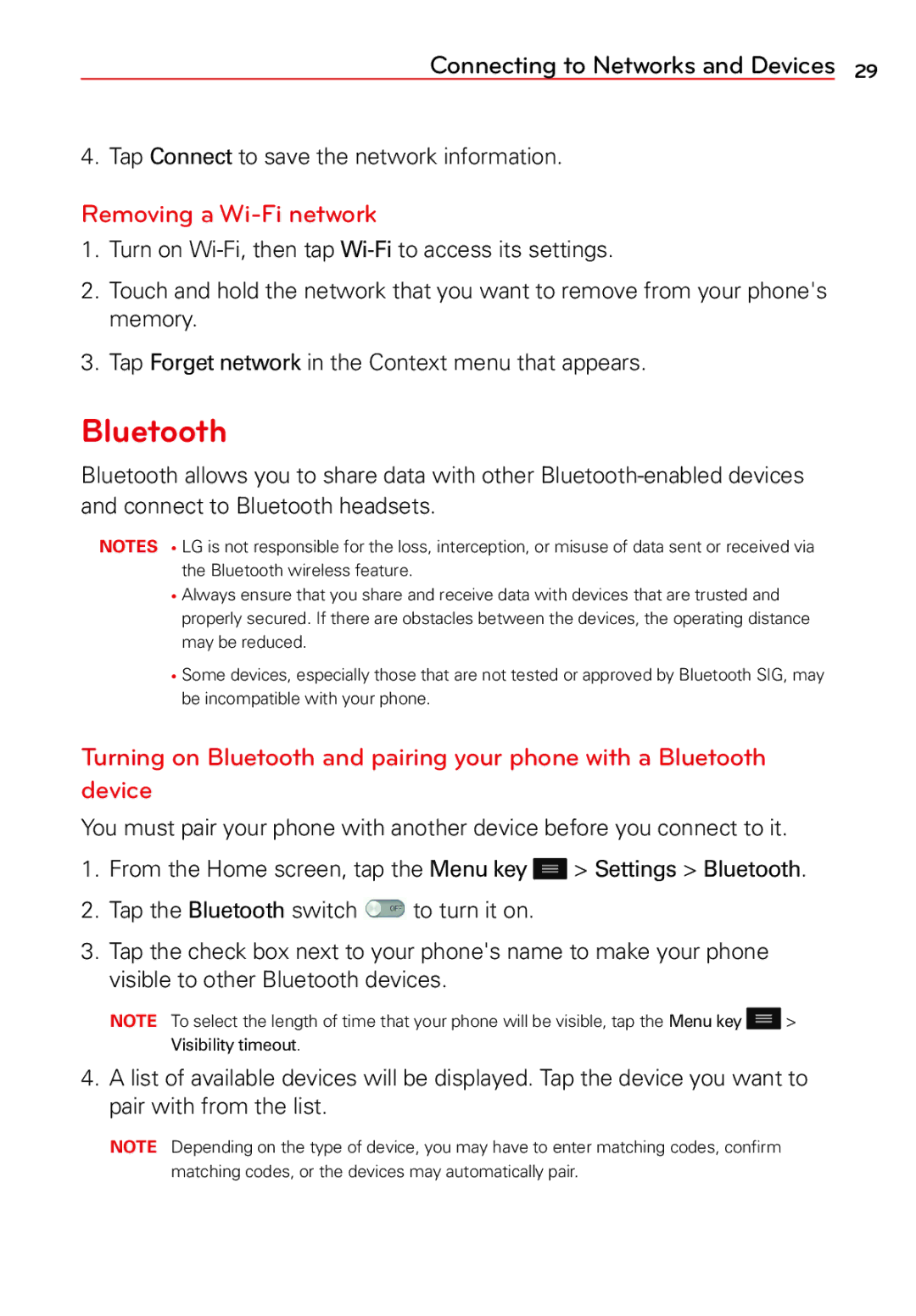 LG Electronics 2 manual Bluetooth, Removing a Wi-Fi network, Tap Connect to save the network information 