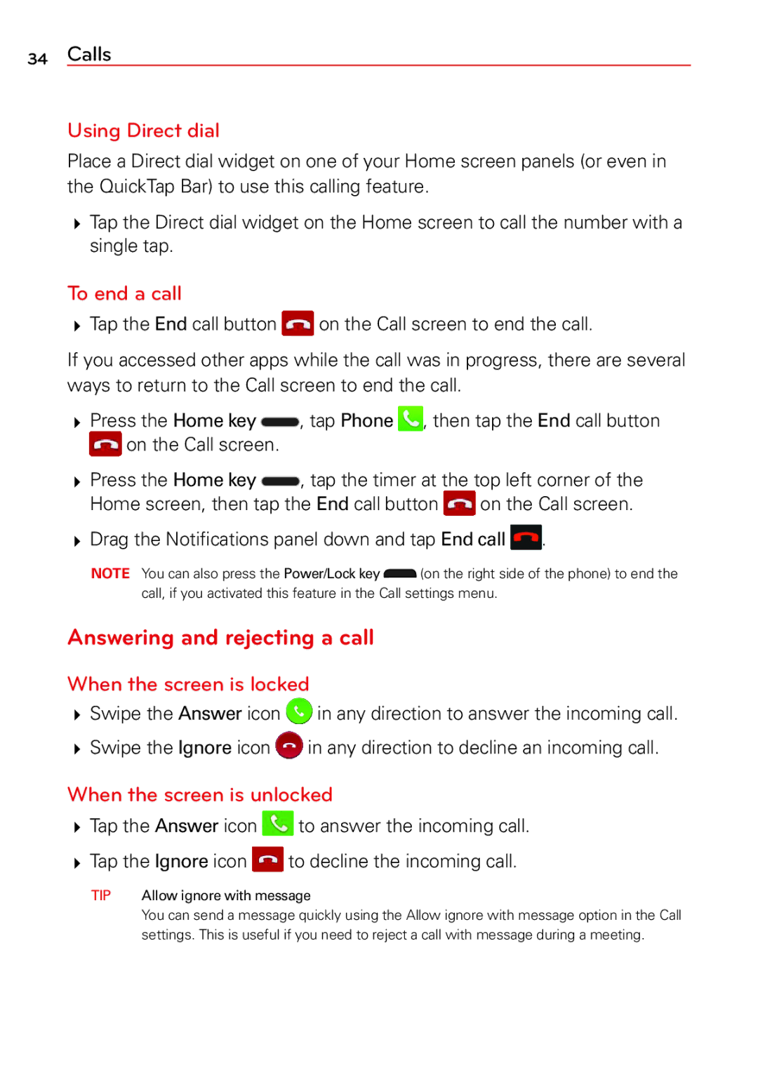 LG Electronics 2 manual Answering and rejecting a call, Using Direct dial, To end a call, When the screen is locked 