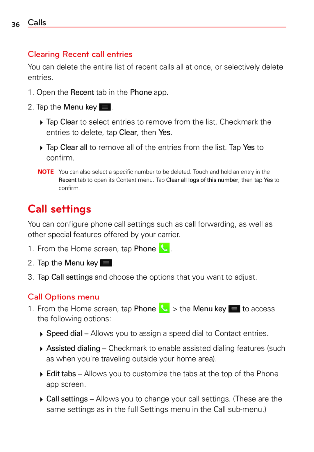 LG Electronics 2 manual Call settings, Clearing Recent call entries, Call Options menu 