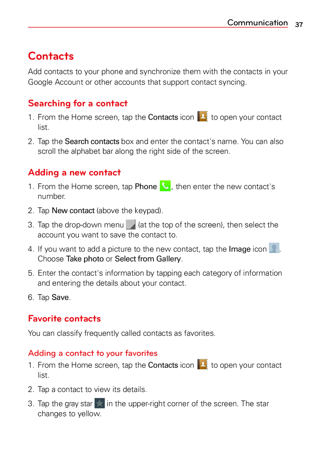 LG Electronics 2 manual Contacts, Searching for a contact, Adding a new contact, Favorite contacts 