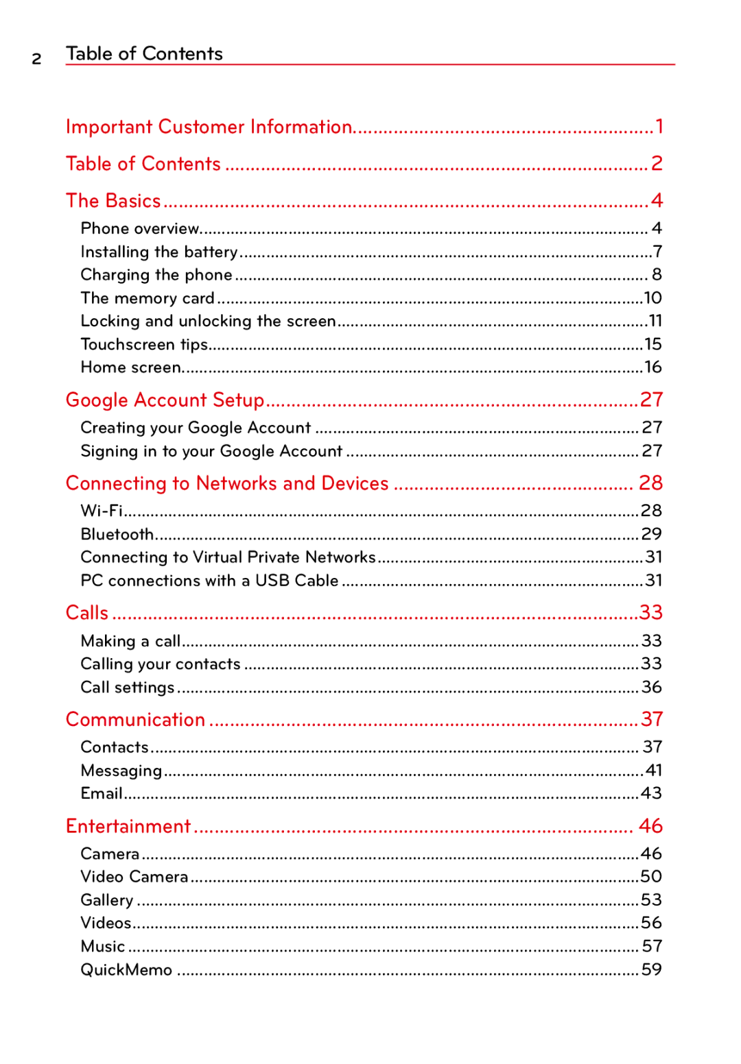 LG Electronics 2 manual Table of Contents 