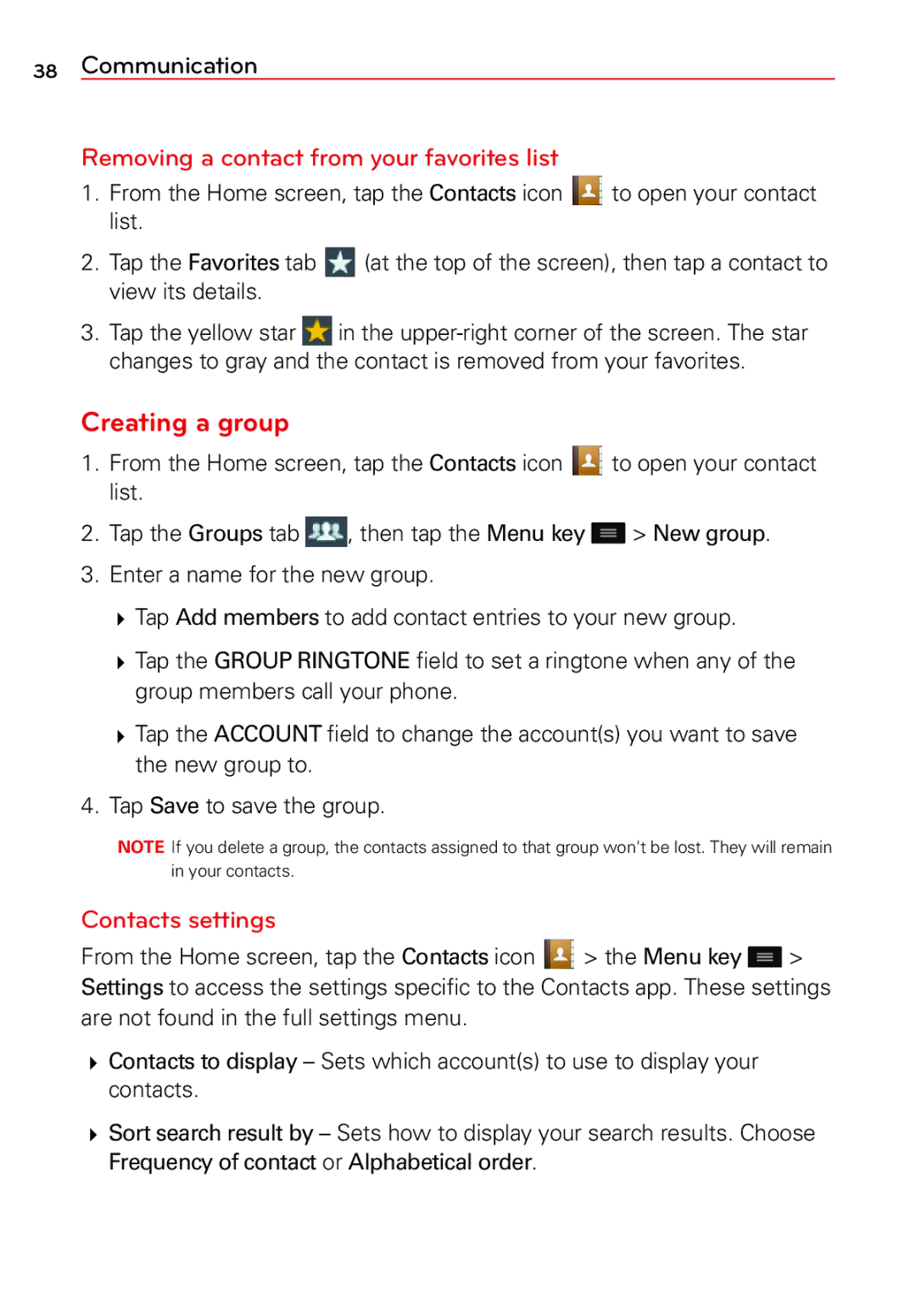 LG Electronics 2 manual Creating a group, Removing a contact from your favorites list, Contacts settings 