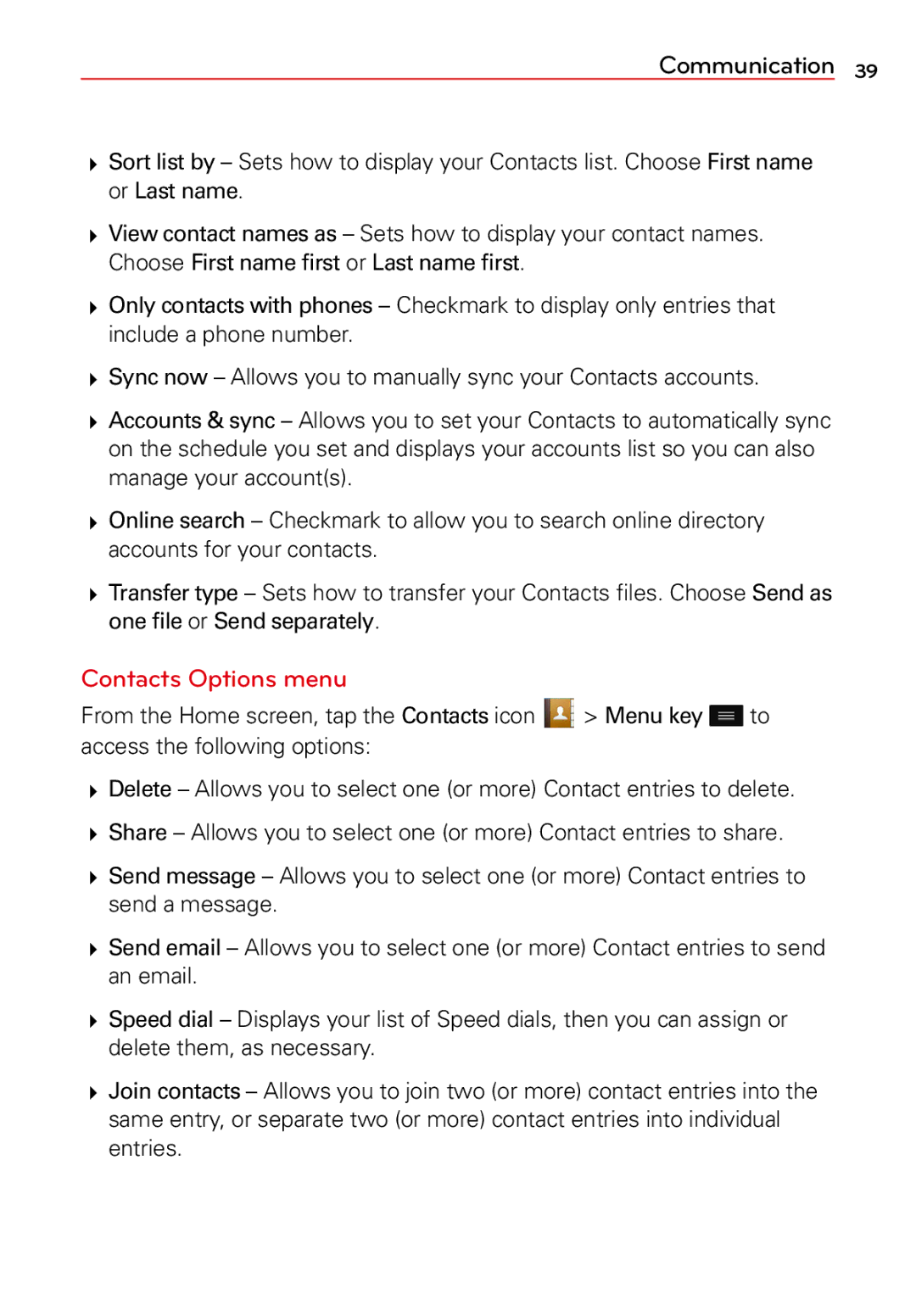 LG Electronics 2 manual Contacts Options menu 