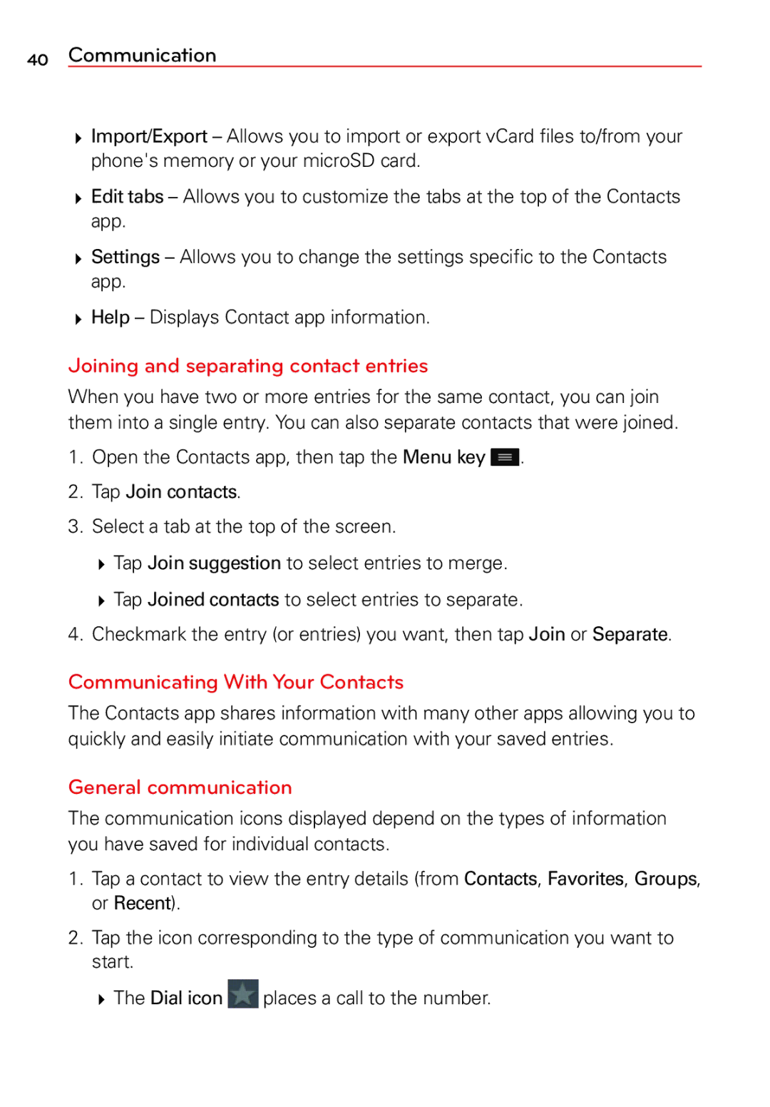 LG Electronics 2 manual Joining and separating contact entries, Communicating With Your Contacts, General communication 