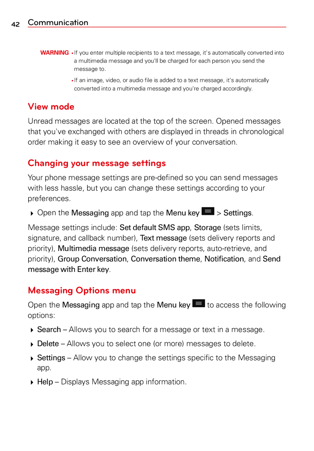 LG Electronics 2 manual View mode, Changing your message settings, Messaging Options menu 