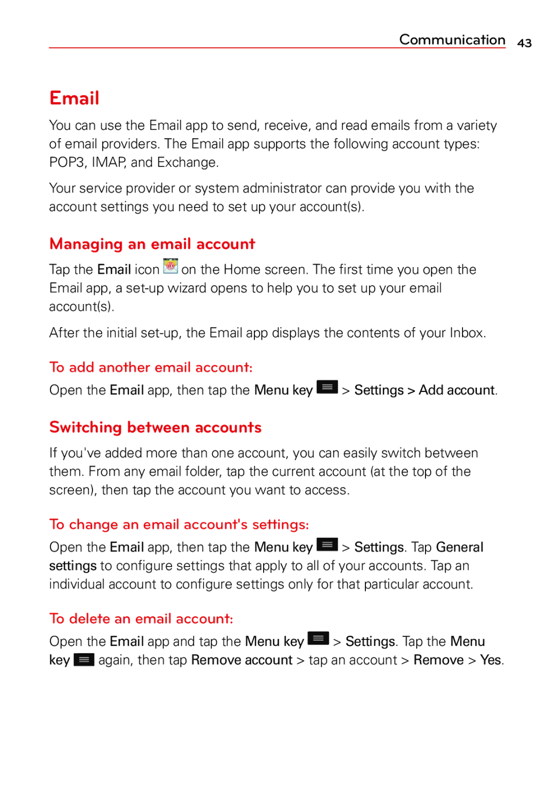 LG Electronics 2 manual Managing an email account, Switching between accounts, To add another email account 