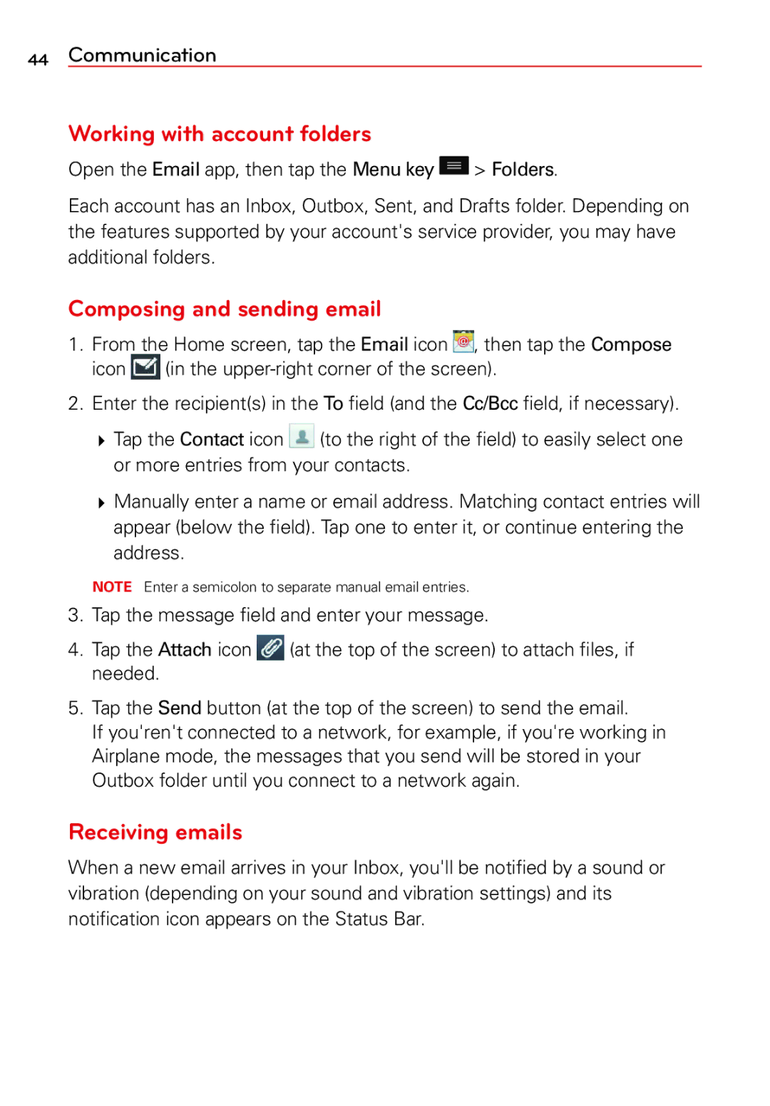 LG Electronics 2 manual Working with account folders, Composing and sending email, Receiving emails 