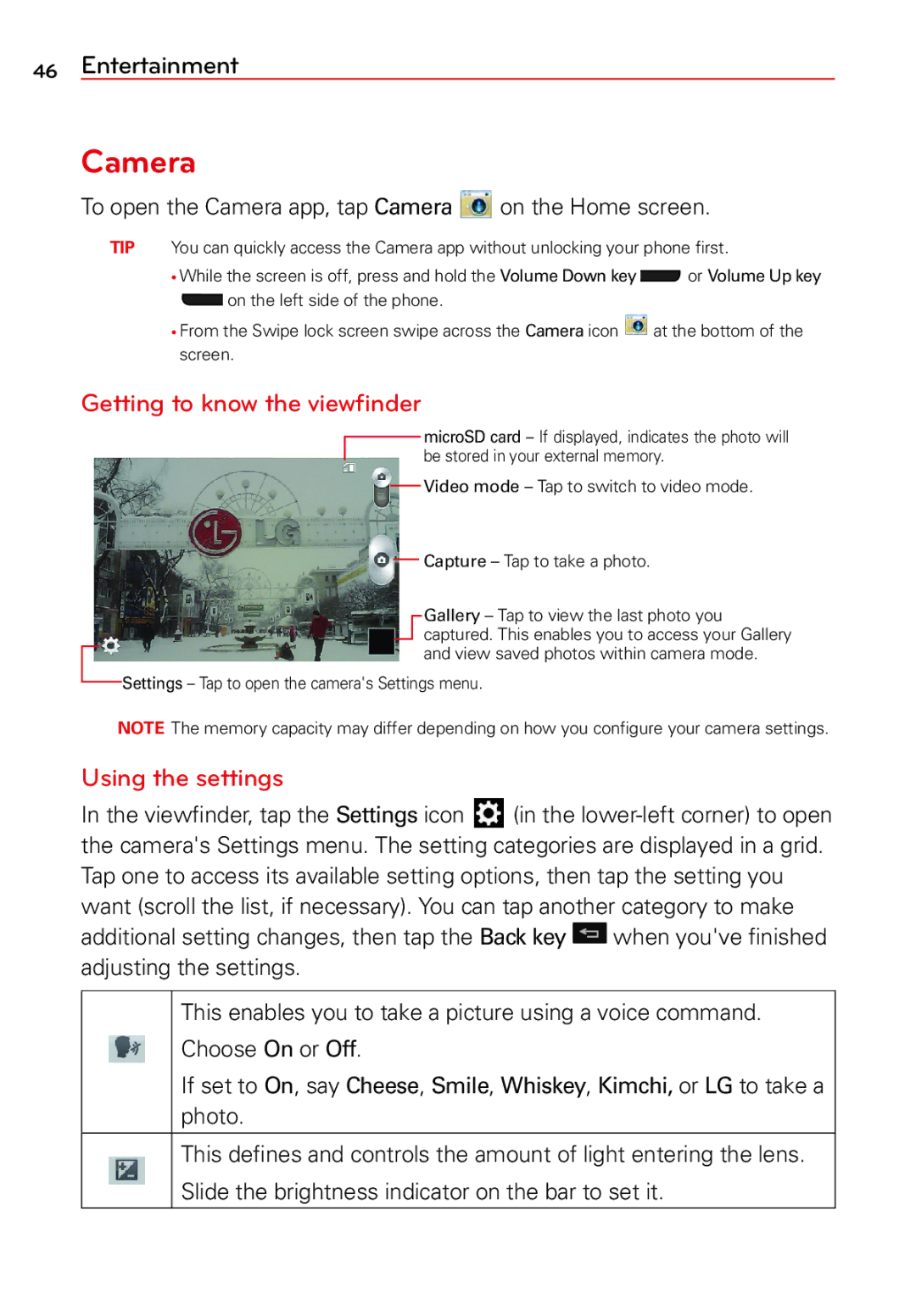 LG Electronics 2 manual Camera, Getting to know the viewﬁnder, Using the settings 