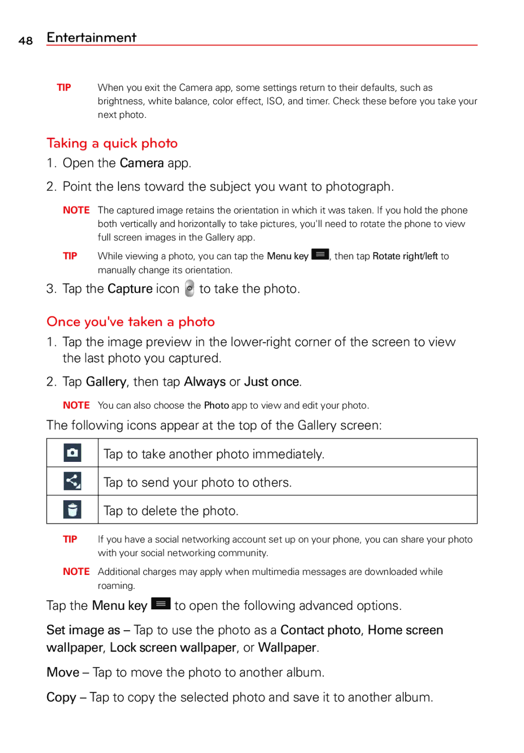 LG Electronics 2 manual Taking a quick photo, Once youve taken a photo, Tap the Capture icon to take the photo 