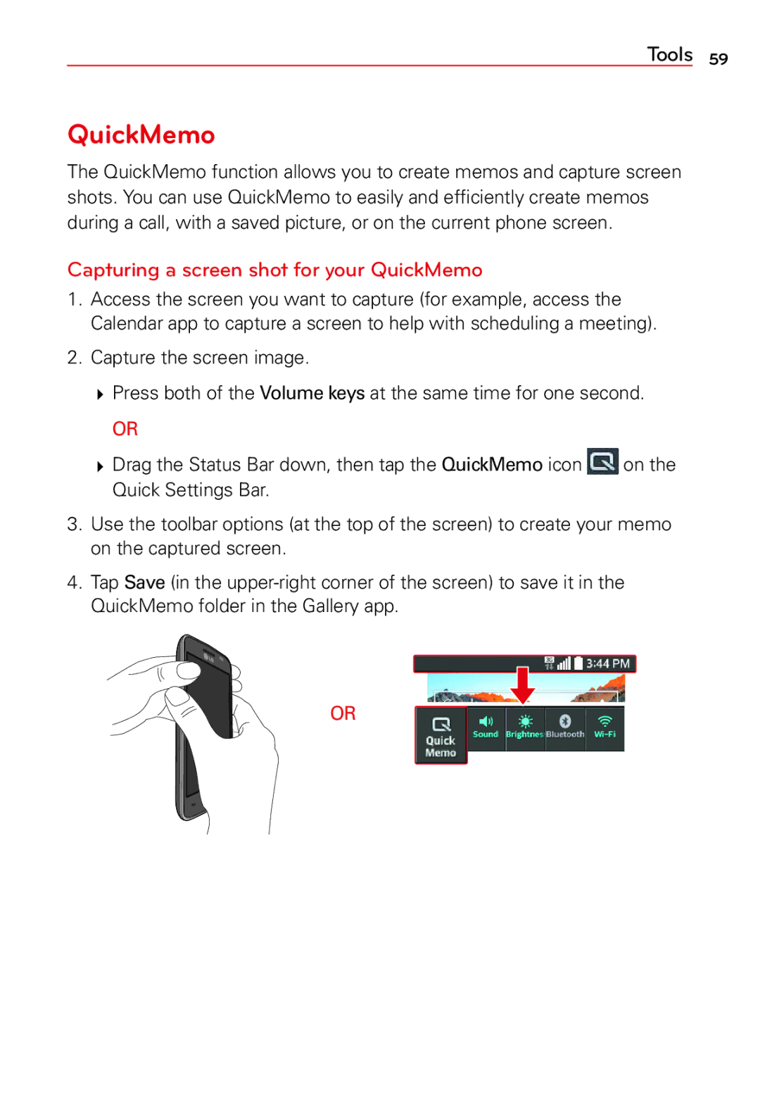 LG Electronics 2 manual Capturing a screen shot for your QuickMemo 