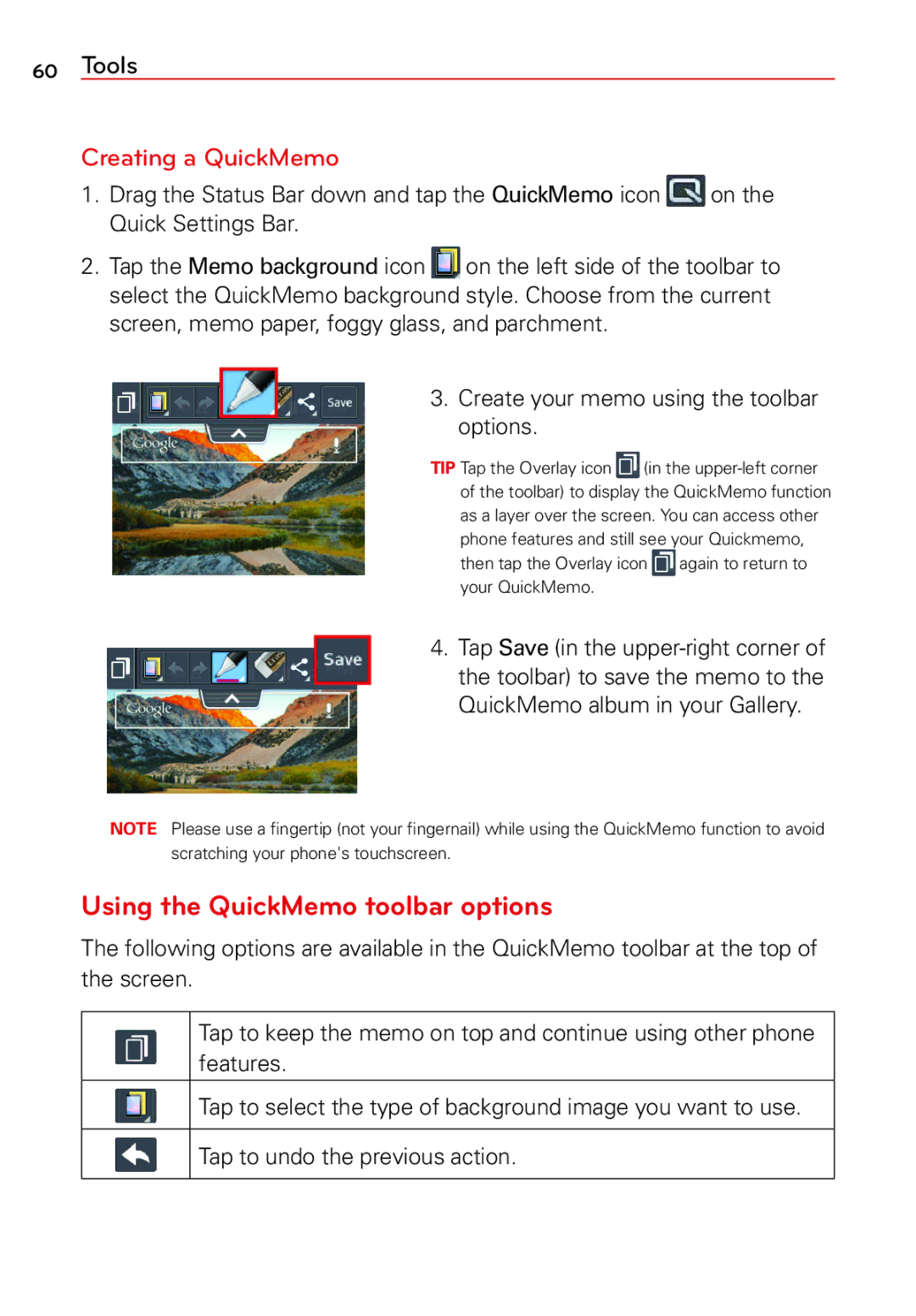 LG Electronics 2 Using the QuickMemo toolbar options, Creating a QuickMemo, Create your memo using the toolbar options 