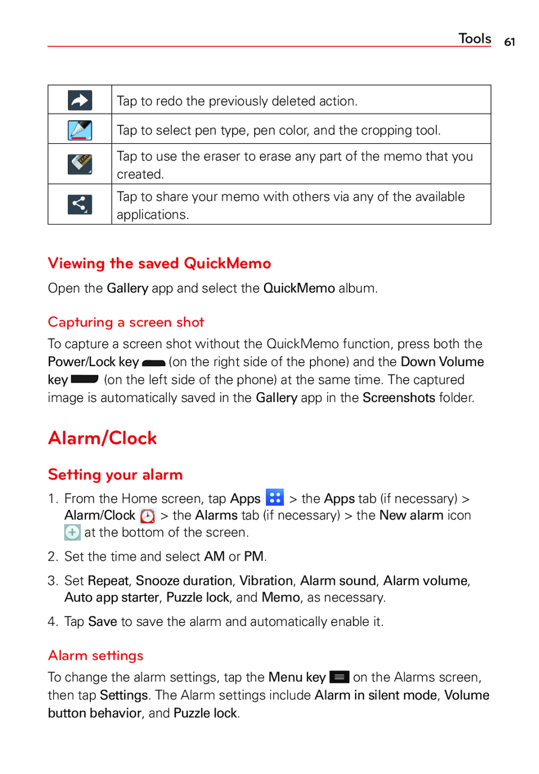 LG Electronics 2 Alarm/Clock, Viewing the saved QuickMemo, Setting your alarm, Capturing a screen shot, Alarm settings 