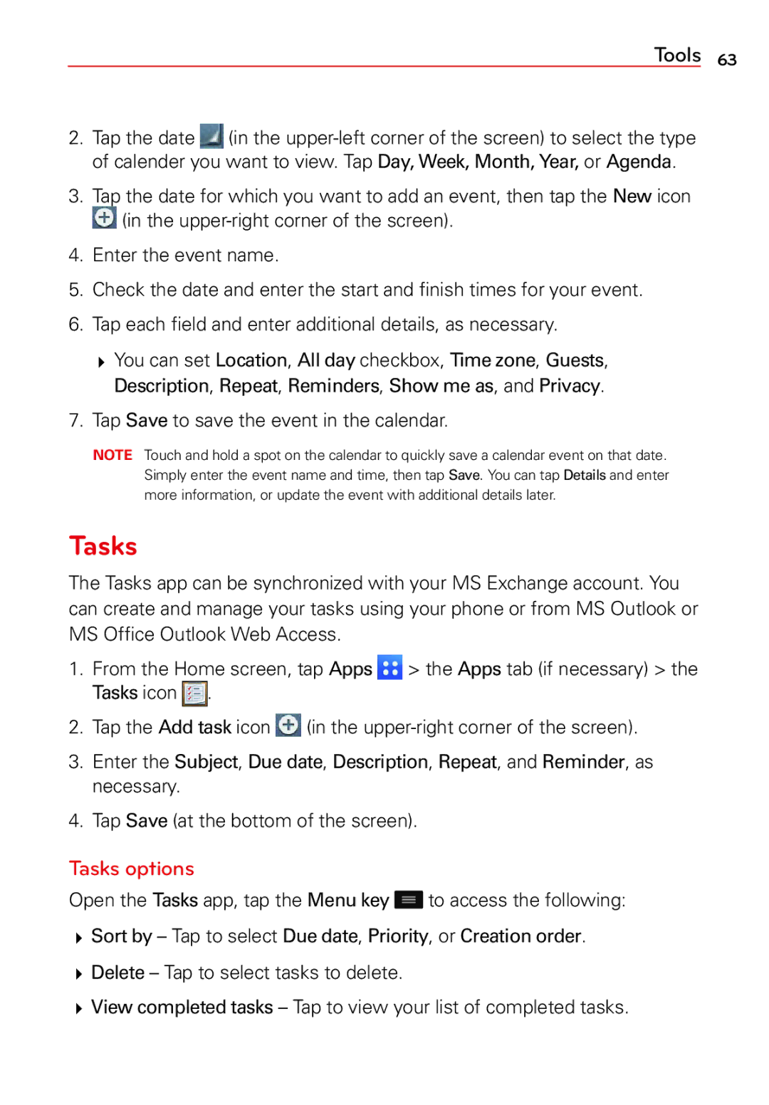 LG Electronics 2 manual Tasks options, Tap Save to save the event in the calendar 