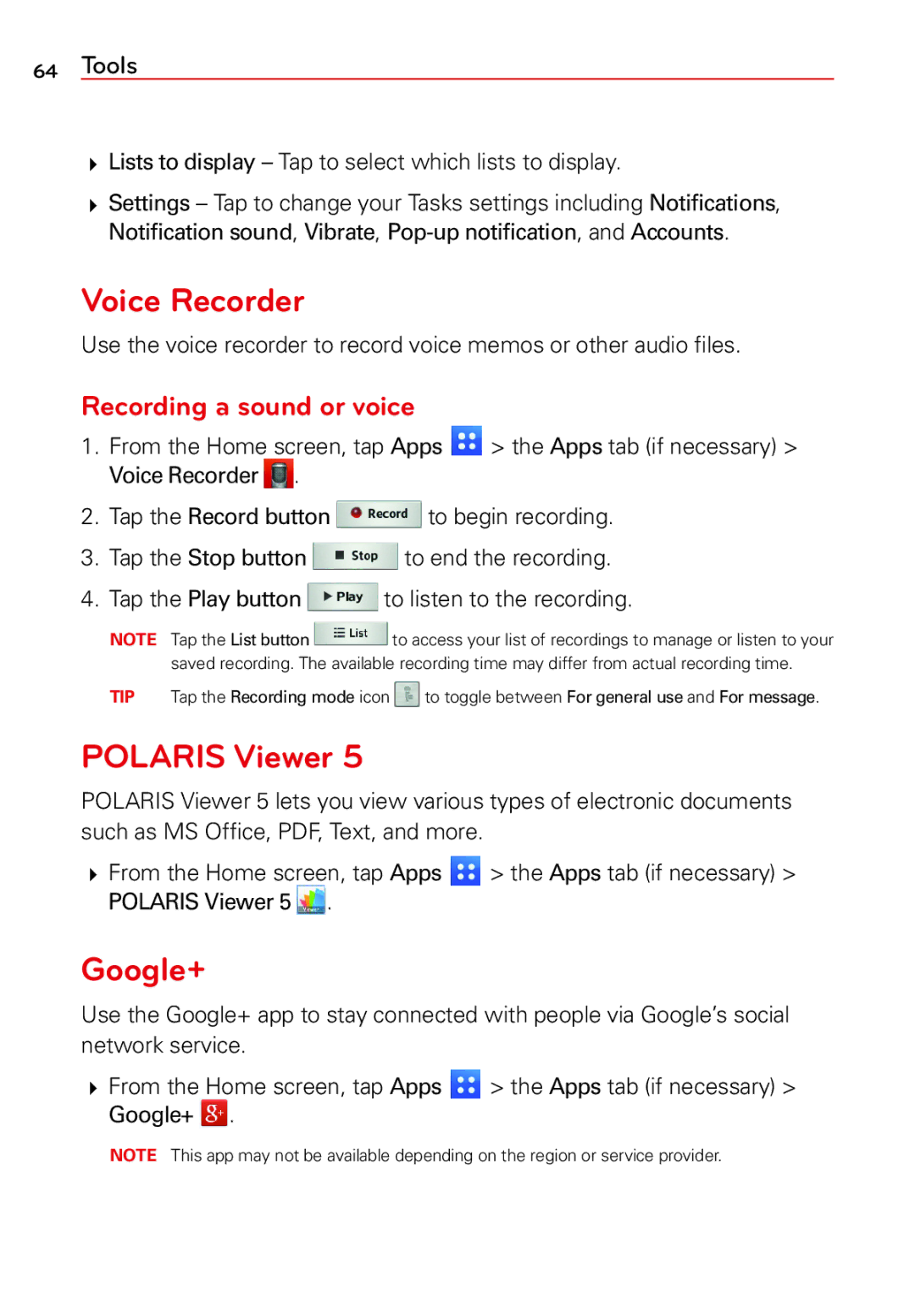 LG Electronics 2 manual Voice Recorder, Polaris Viewer, Google+, Recording a sound or voice 