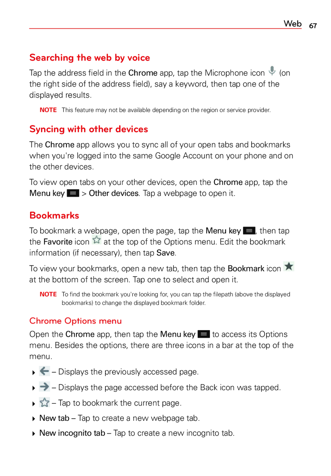 LG Electronics 2 manual Searching the web by voice, Syncing with other devices, Bookmarks, Chrome Options menu 