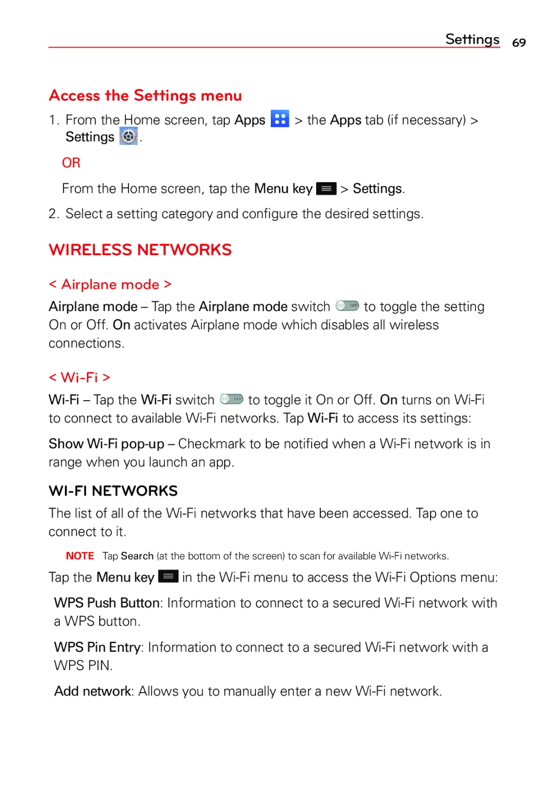 LG Electronics 2 manual Access the Settings menu, Airplane mode, Wi-Fi, WI-FI Networks 