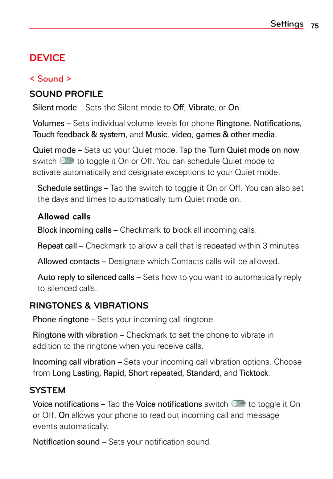 LG Electronics 2 manual Sound Profile, Allowed calls, Ringtones & Vibrations, System 