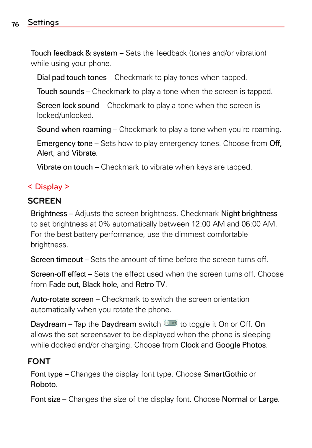 LG Electronics 2 manual Display, Screen, Font 