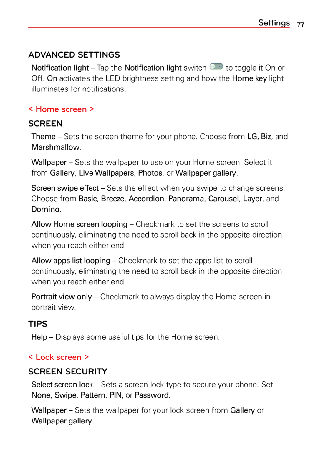 LG Electronics 2 manual Advanced Settings, Home screen, Tips, Lock screen, Screen Security 