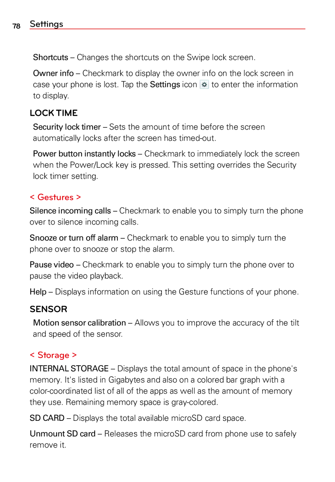 LG Electronics 2 manual Lock Time, Gestures, Sensor, Storage 