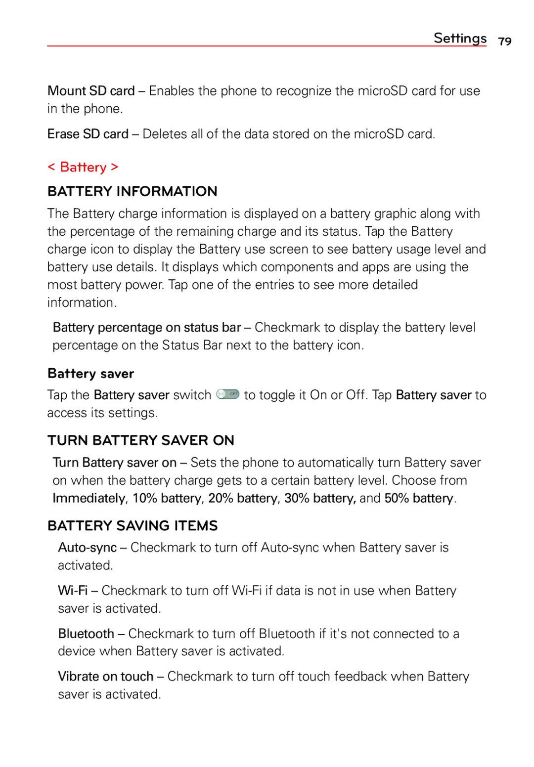 LG Electronics 2 manual Battery Information, Battery saver, Turn Battery Saver on, Battery Saving Items 