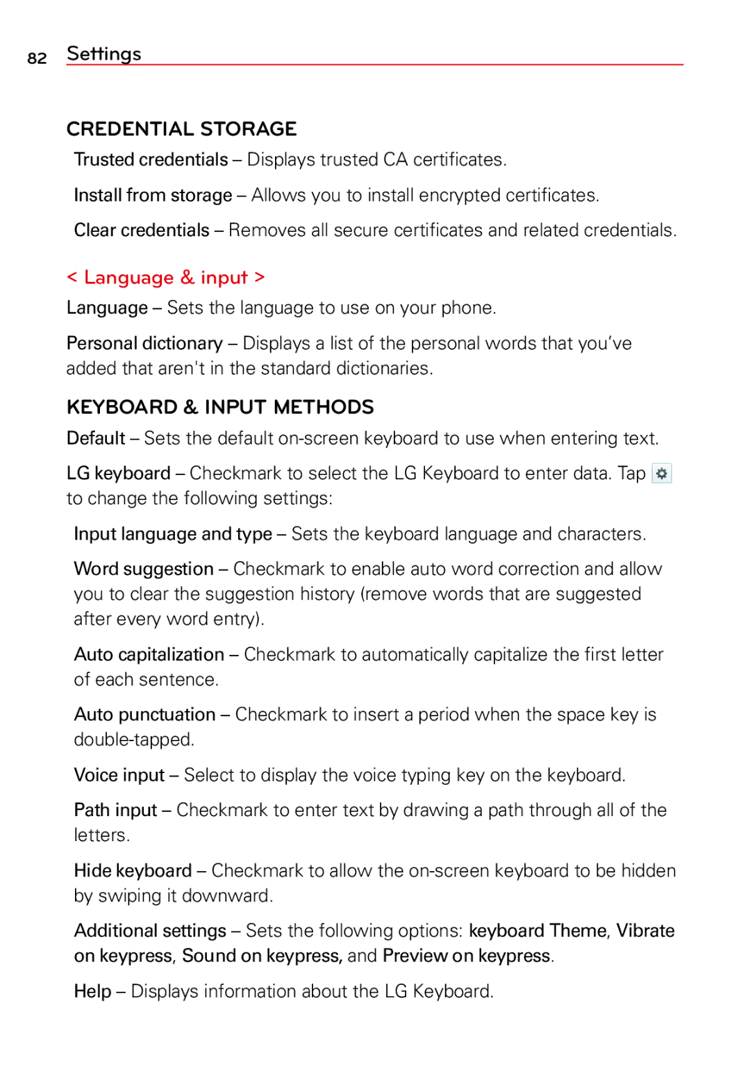 LG Electronics 2 manual Credential Storage, Language & input, Keyboard & Input Methods 