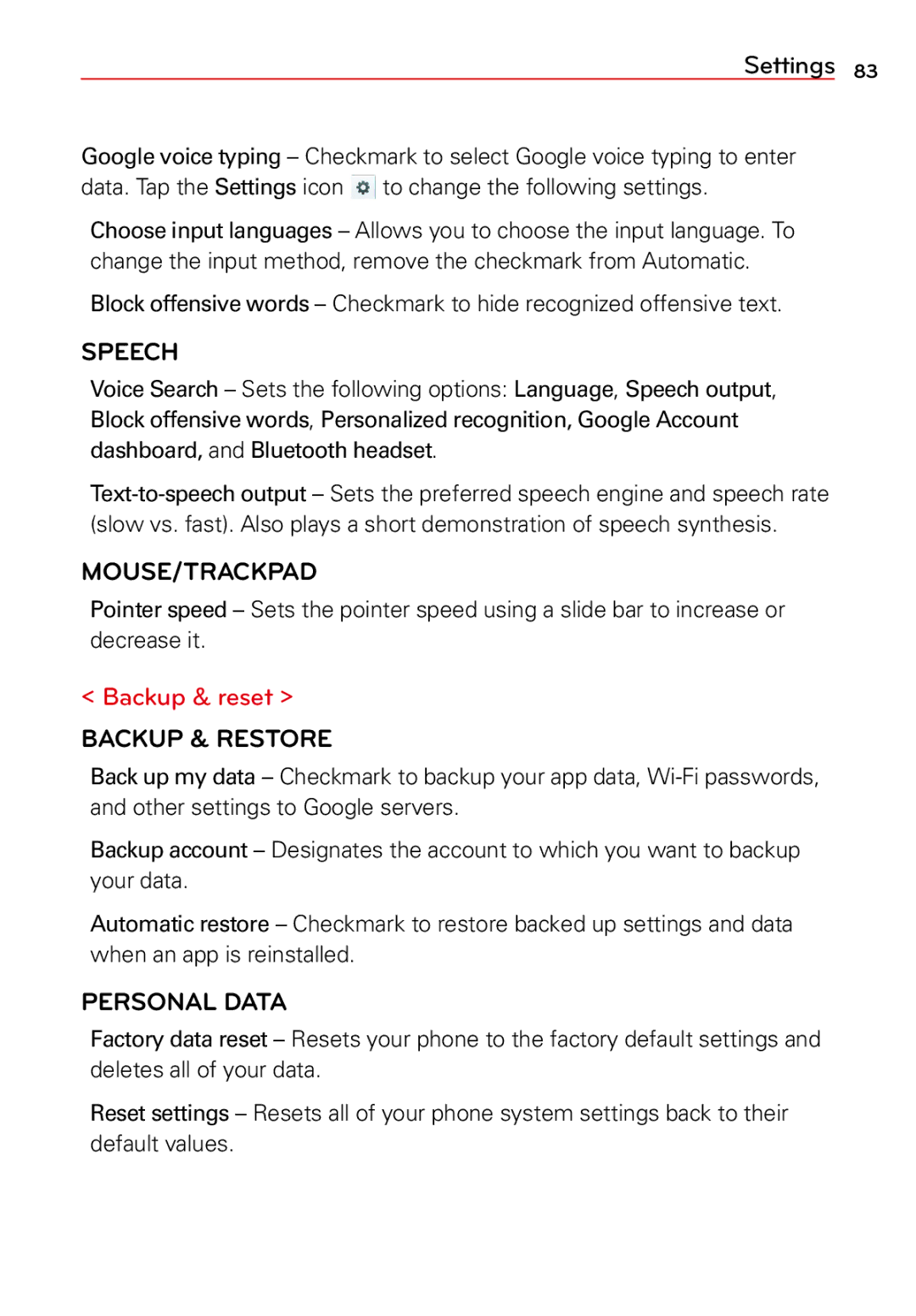 LG Electronics 2 manual Speech, Mouse/Trackpad, Backup & reset, Backup & Restore, Personal Data 