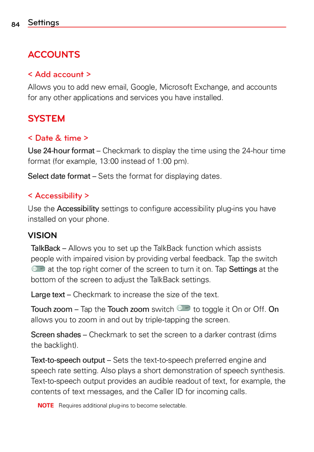 LG Electronics 2 Add account, Date & time, Accessibility, Vision, Large text Checkmark to increase the size of the text 