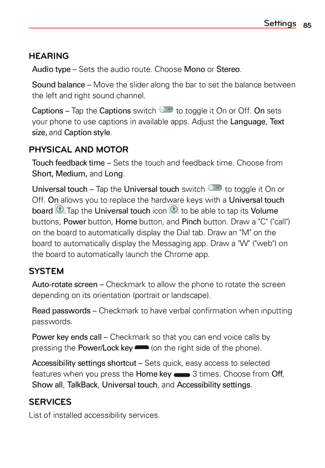 LG Electronics 2 manual Hearing, Physical and Motor, Services, List of installed accessibility services 