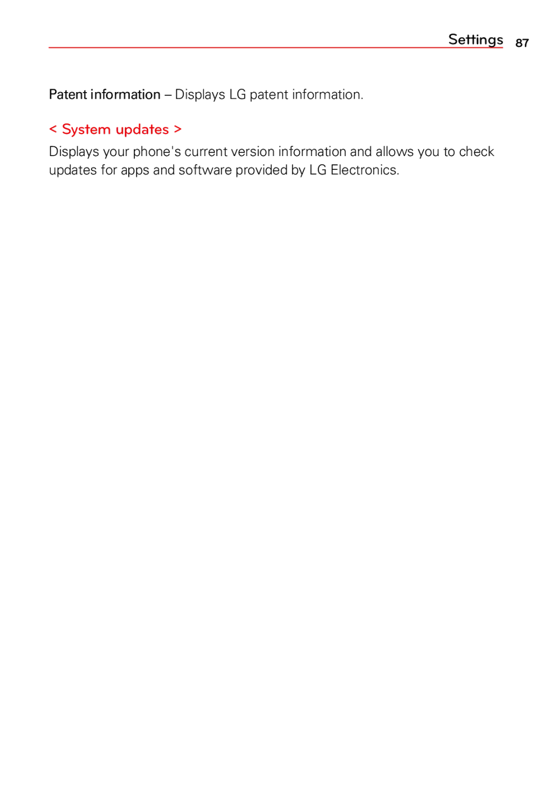 LG Electronics 2 manual System updates, Patent information Displays LG patent information 