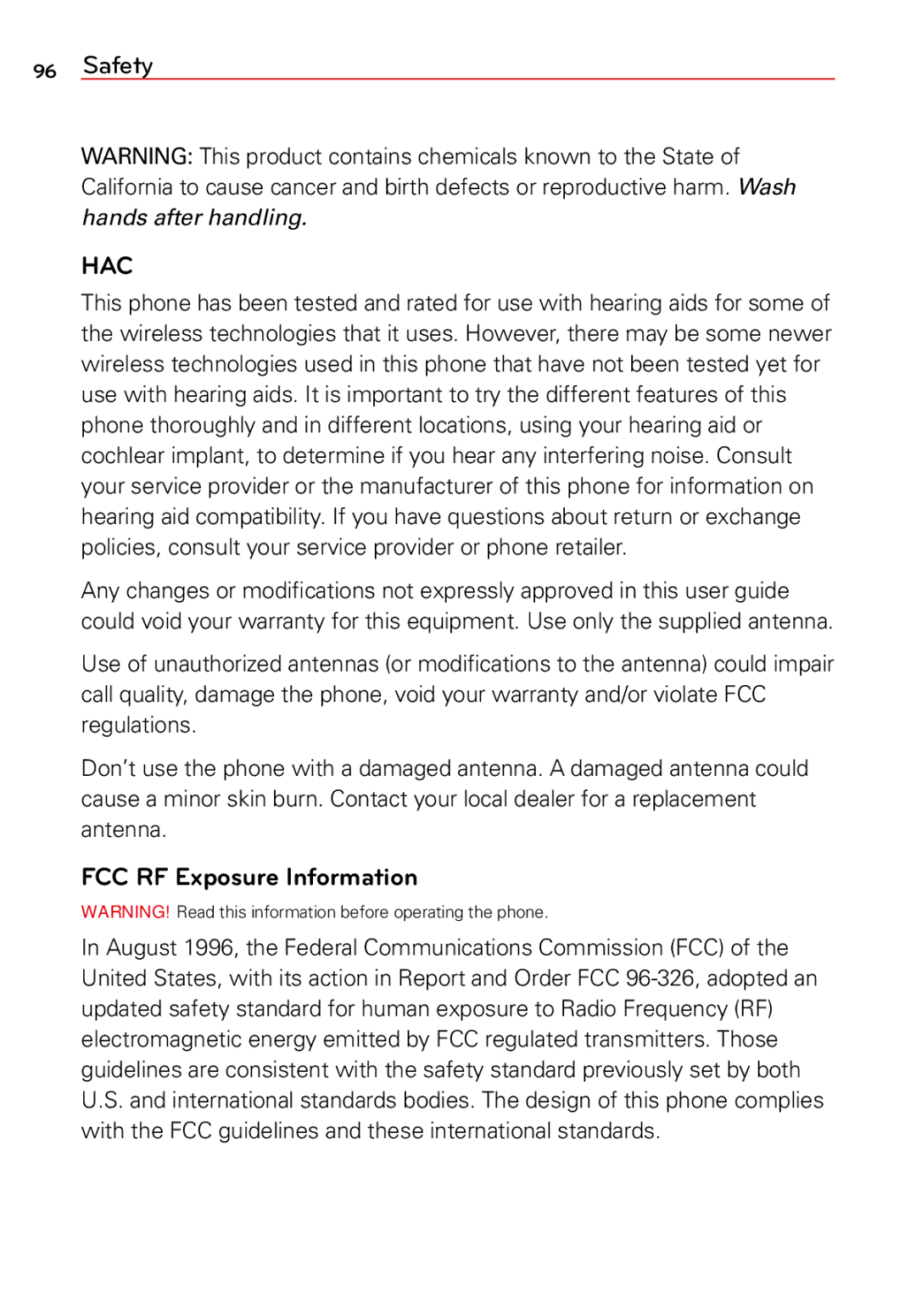 LG Electronics 2 manual Hac, FCC RF Exposure Information 